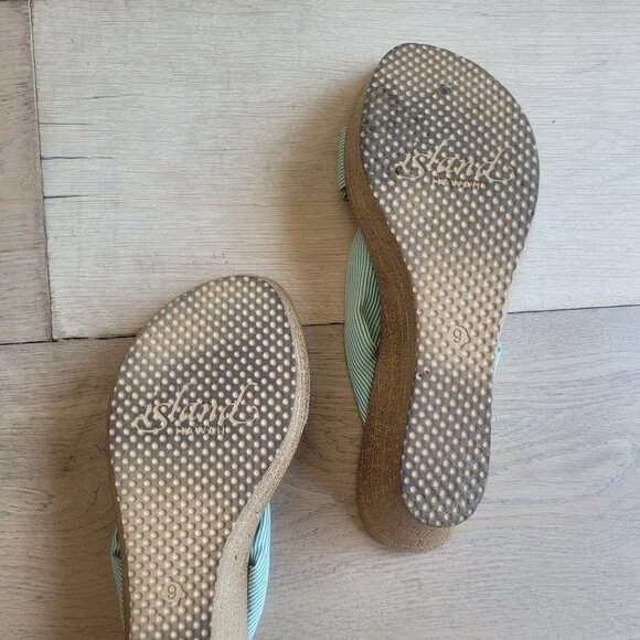 EUC Island Slipper US 9 Suede Footbed Gold Band Mint Stripe Wedges Made in Oahu - Picture 4 of 6